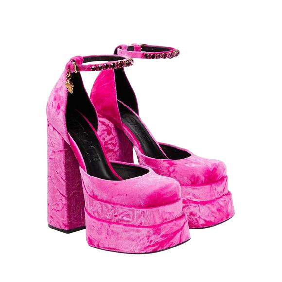 Versace Aevitas 39/ 9 Platform Pink Velvet Shoe Pump Crystal Medusa NWB $1,575 - Picture 1 of 16
